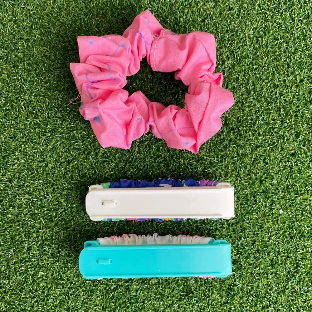 Vintage Lot Hair Scrunchie Fabric Covered Clips